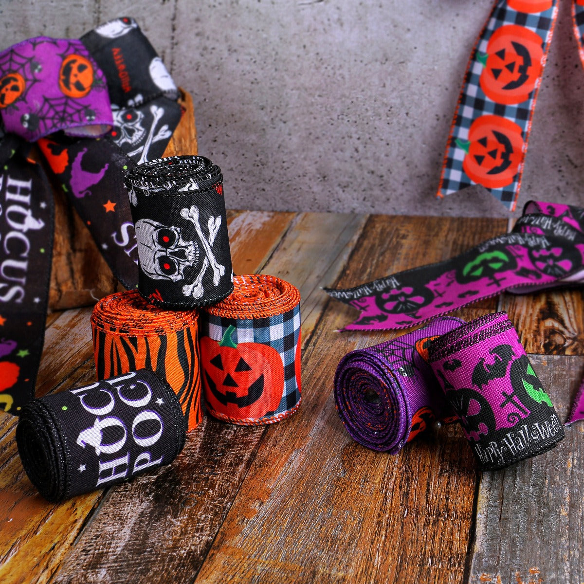Halloween Ribbon: 5m Woven Checkered Pumpkin Decor