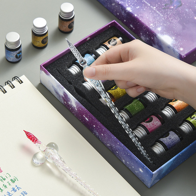 Crystal Glass Pen Gift Box Set With 12 Colorful Inks