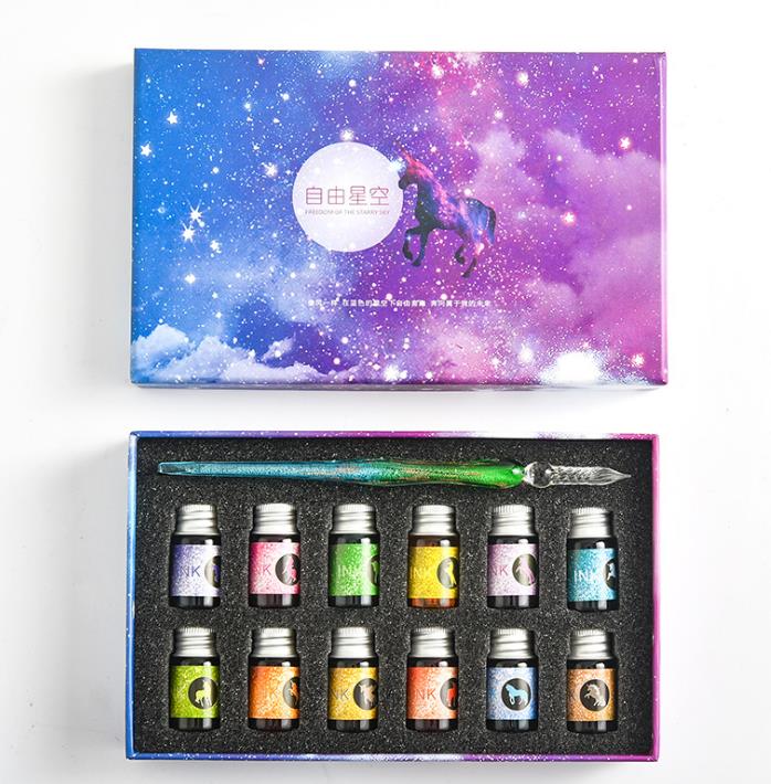 Crystal Glass Pen Gift Box Set With 12 Colorful Inks