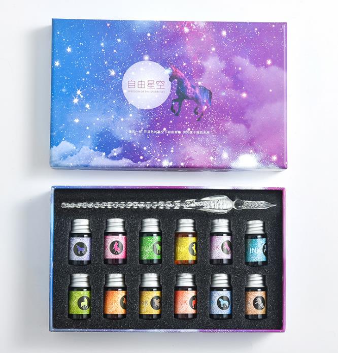 Crystal Glass Pen Gift Box Set With 12 Colorful Inks