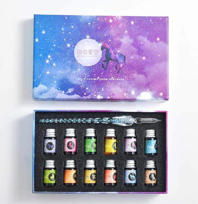 Crystal Glass Pen Gift Box Set With 12 Colorful Inks