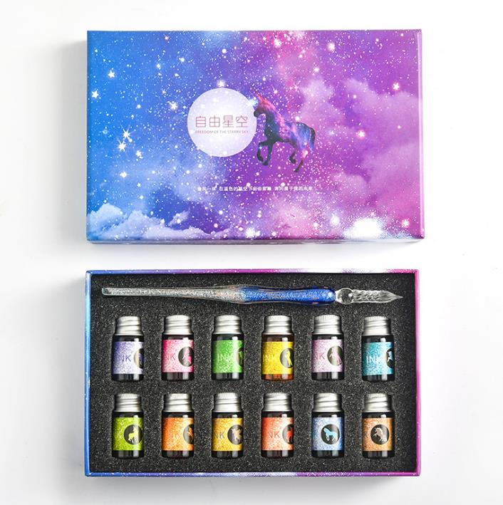 Crystal Glass Pen Gift Box Set With 12 Colorful Inks
