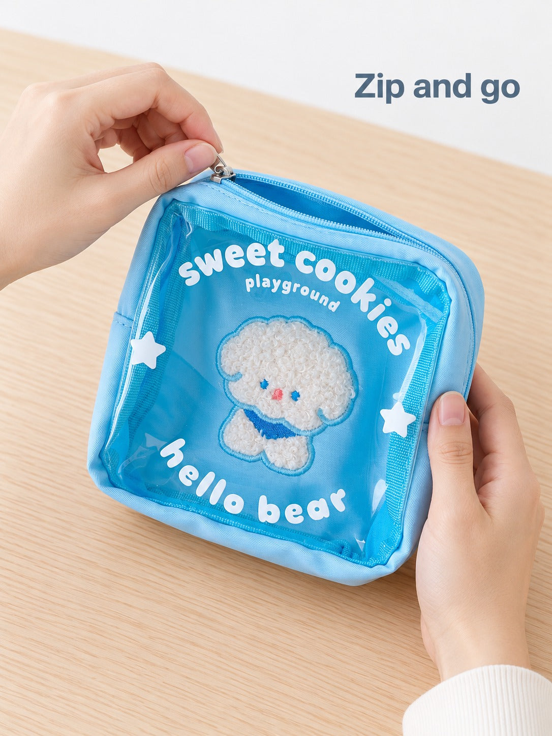 Cute Bear Cosmetic Bag with Clear Window Zip Pouch