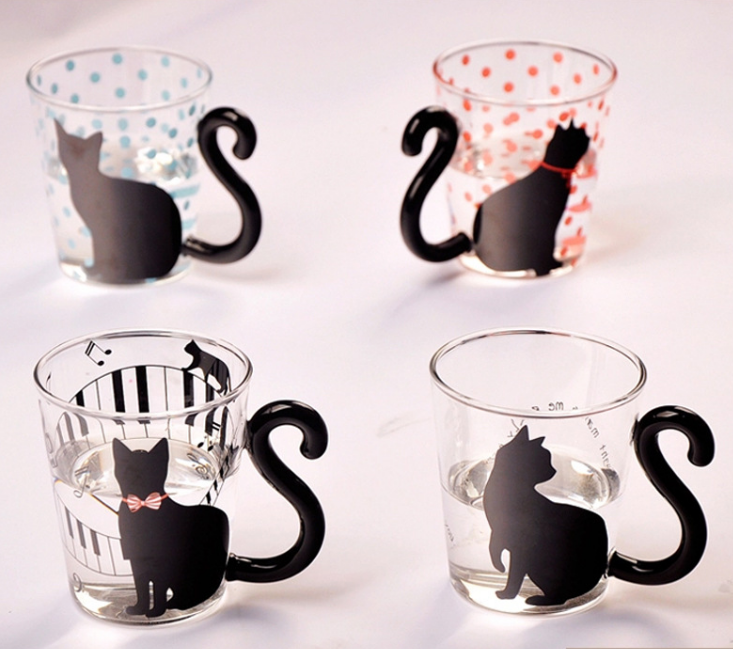 Cat Shaped Glass Mug with Tail Handle for Coffee Tea