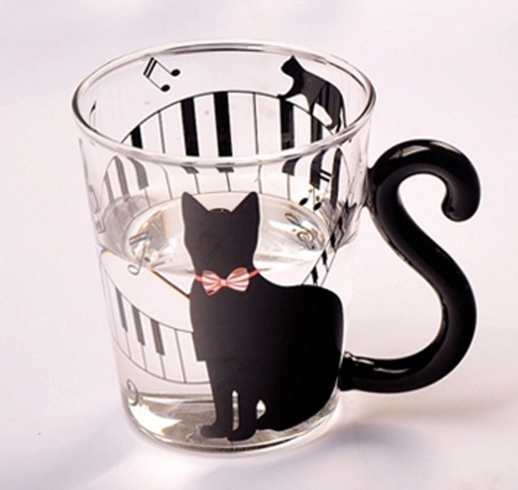 Cat Shaped Glass Mug with Tail Handle for Coffee Tea