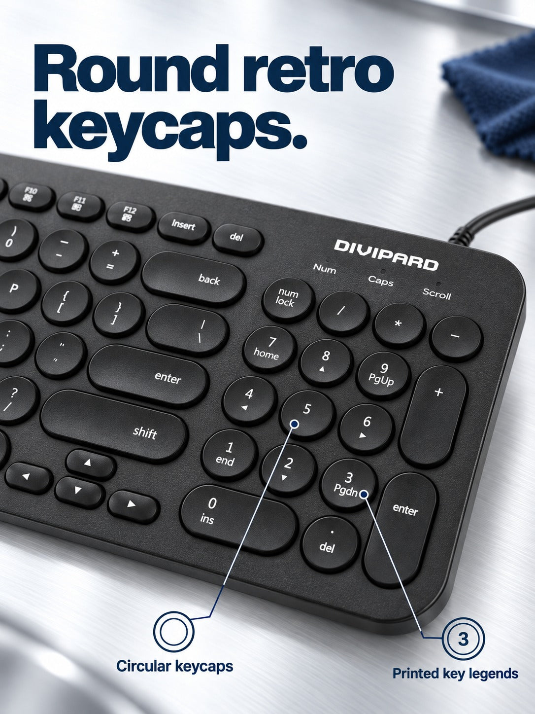 Full-Size Wired Keyboard, Retro Round Keycaps and Numpad