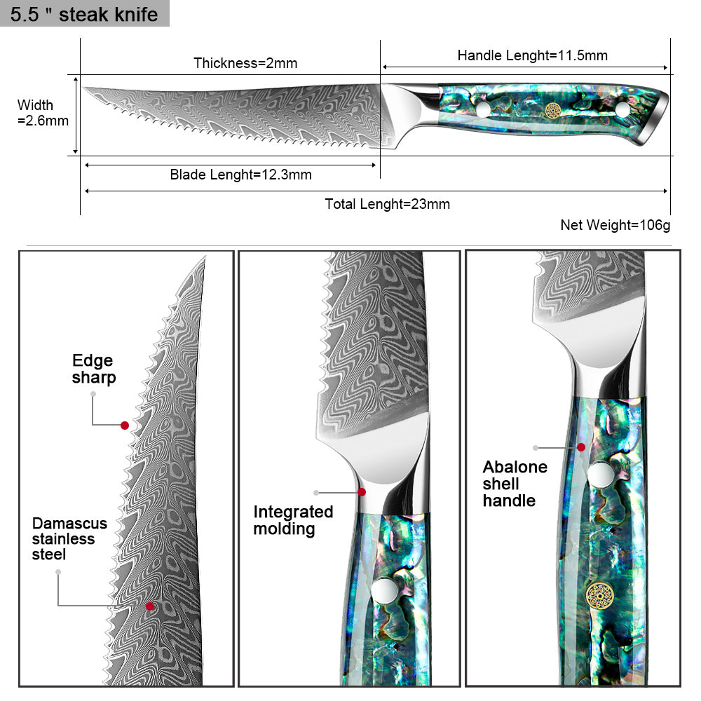 Damascus Steel Steak Knife with Abalone Shell Handle