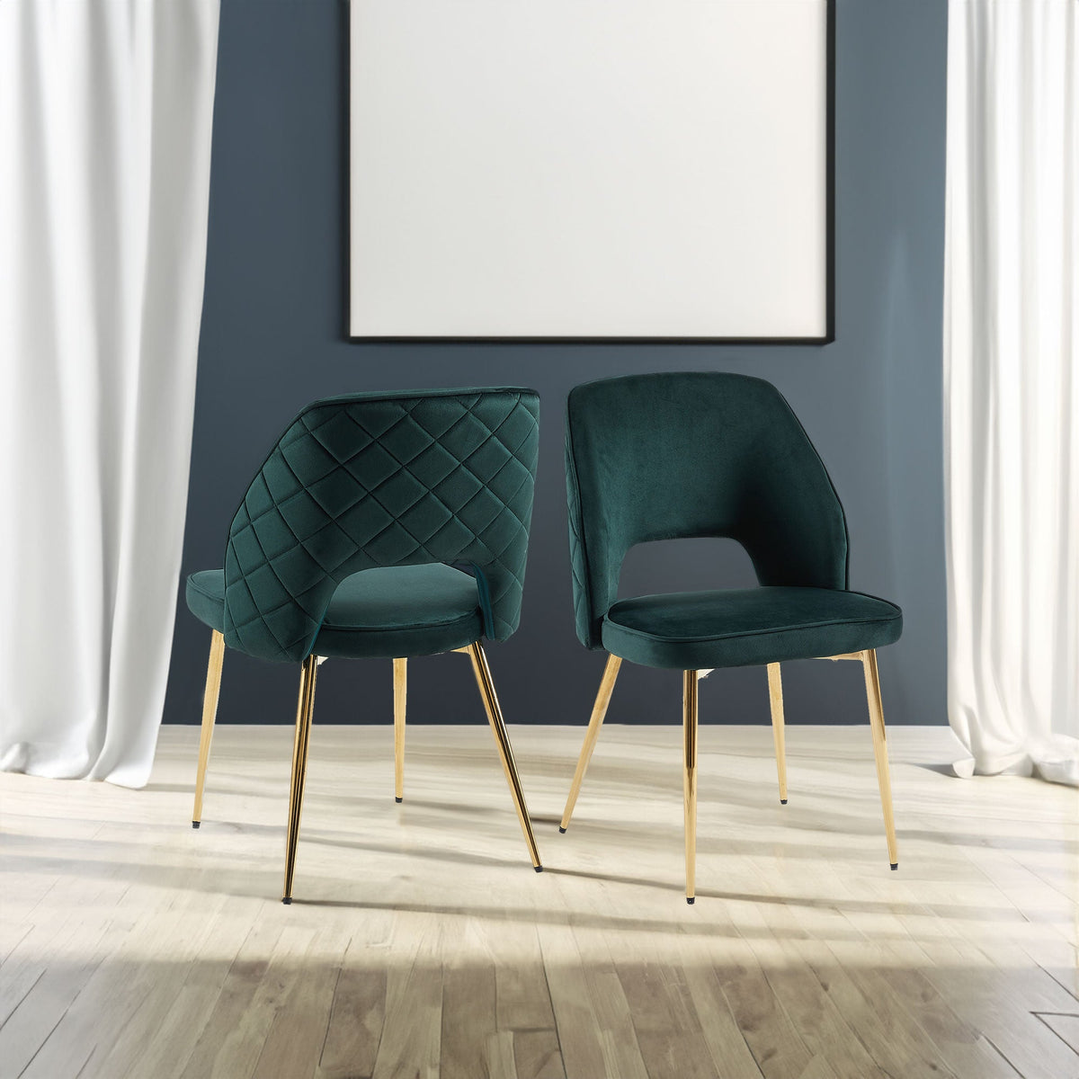 Dark Green Velvet Dining Chairs Set of 4 with Gold Legs