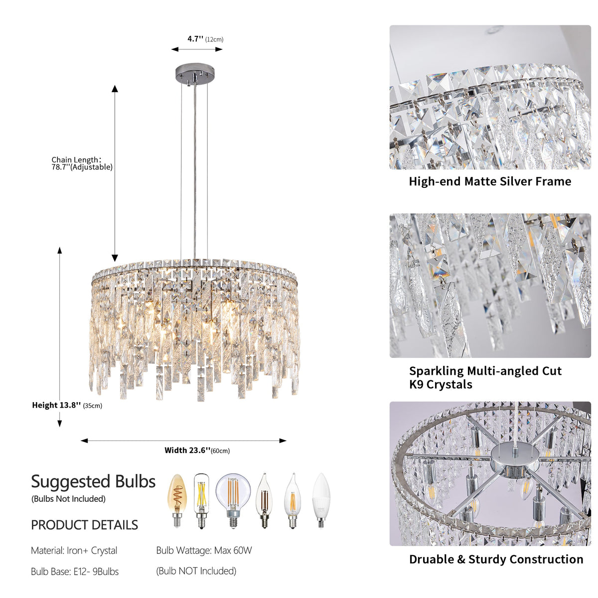 Round Crystal Chandelier with Chrome Canopy, Modern Glam