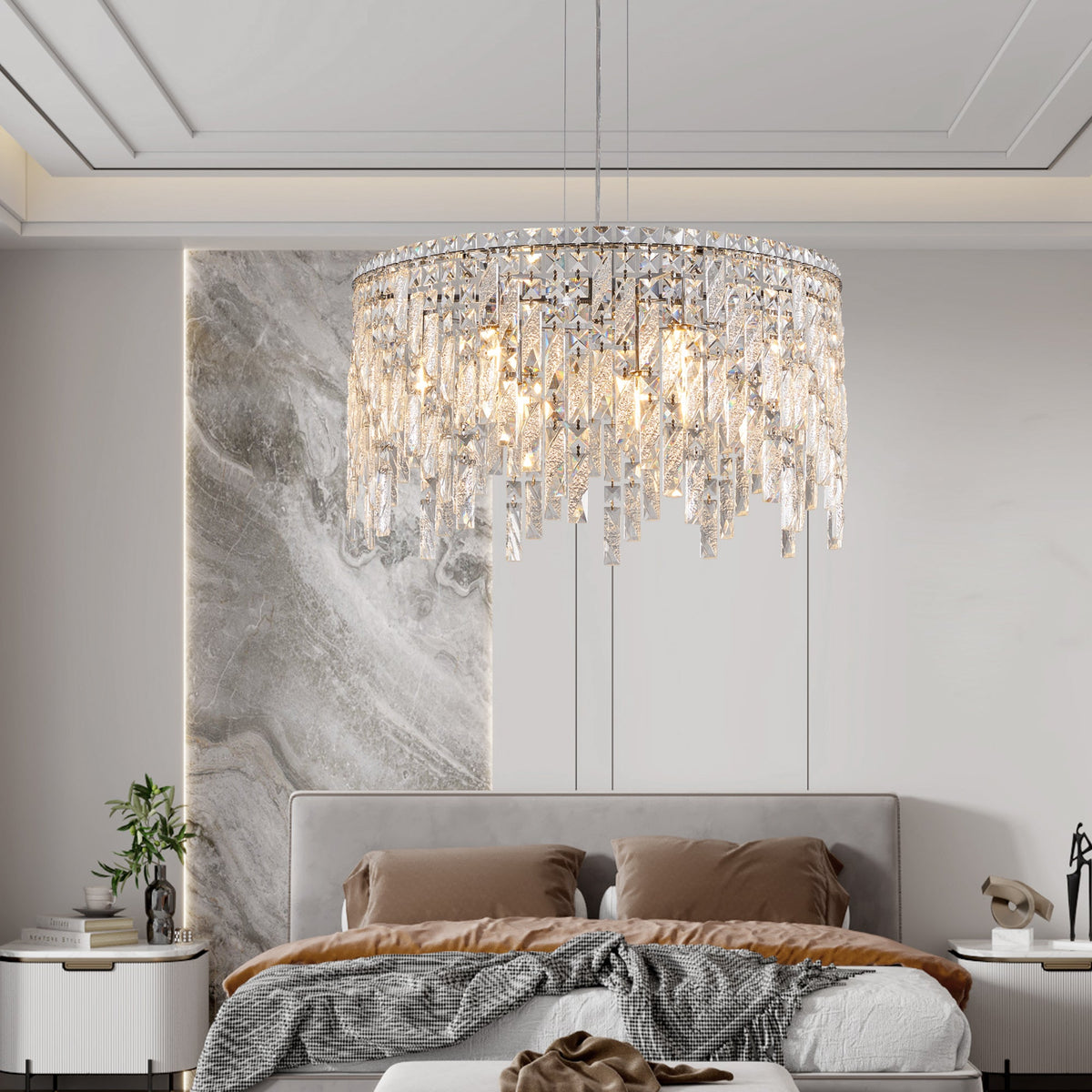 Round Crystal Chandelier with Chrome Canopy, Modern Glam