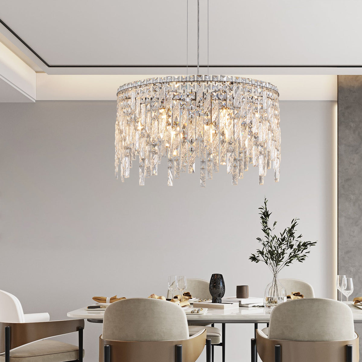 Round Crystal Chandelier with Chrome Canopy, Modern Glam