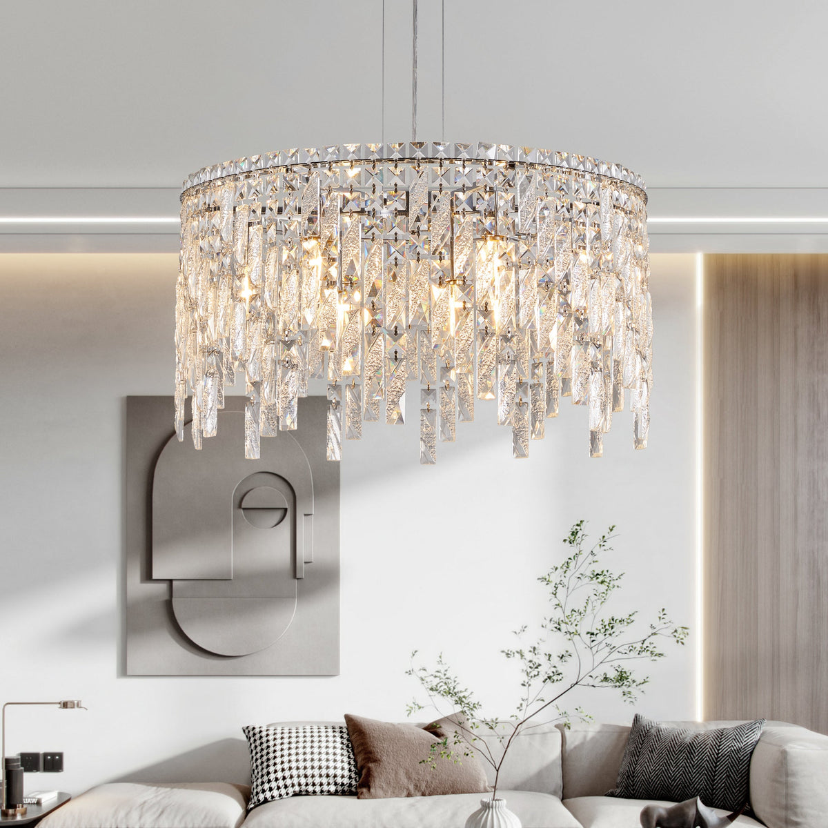 Round Crystal Chandelier with Chrome Canopy, Modern Glam