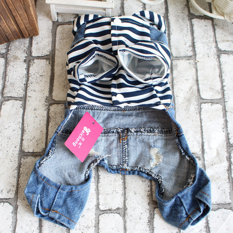 Small Dog Denim Jumpsuit With Striped Hoodie Outfit