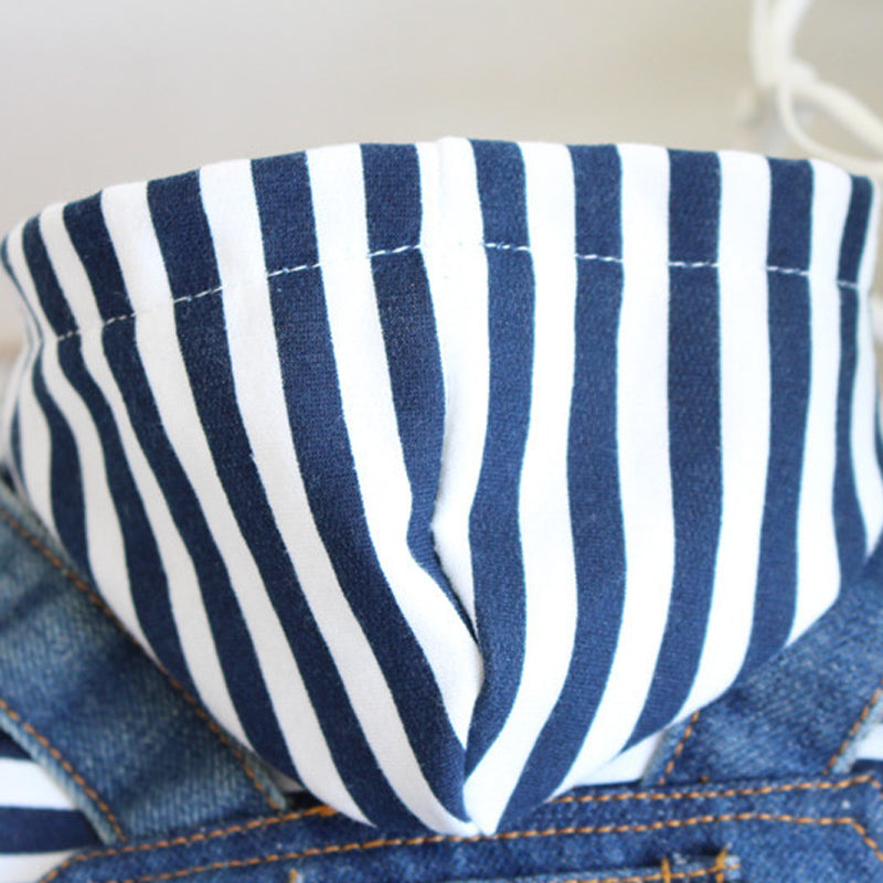 Small Dog Denim Jumpsuit With Striped Hoodie Outfit