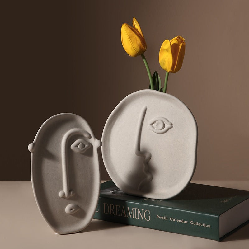 Abstract Face Ceramic Vase for Sculptural Flower Displays