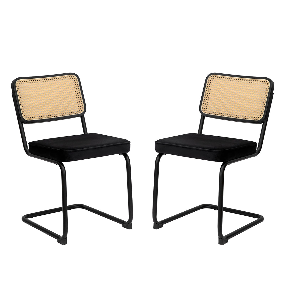 Velvet Rattan Dining Chairs Set of 2 with Black Frame