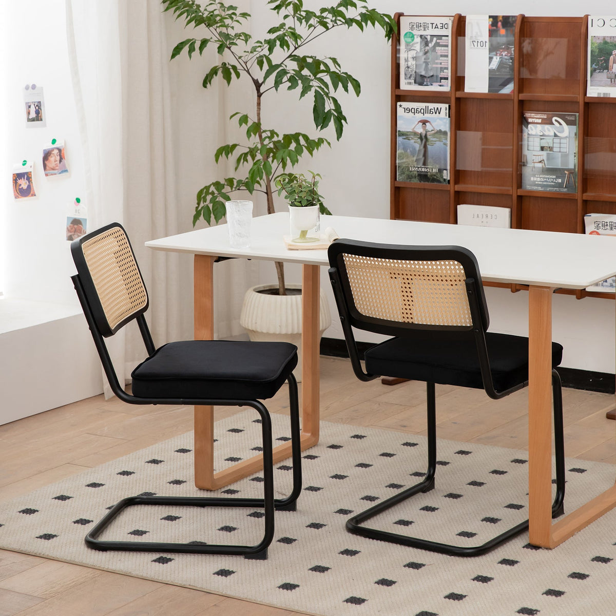 Velvet Rattan Dining Chairs Set of 2 with Black Frame