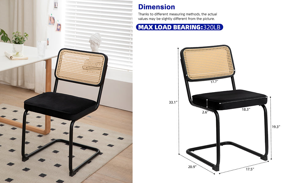 Velvet Rattan Dining Chairs Set of 2 with Black Frame