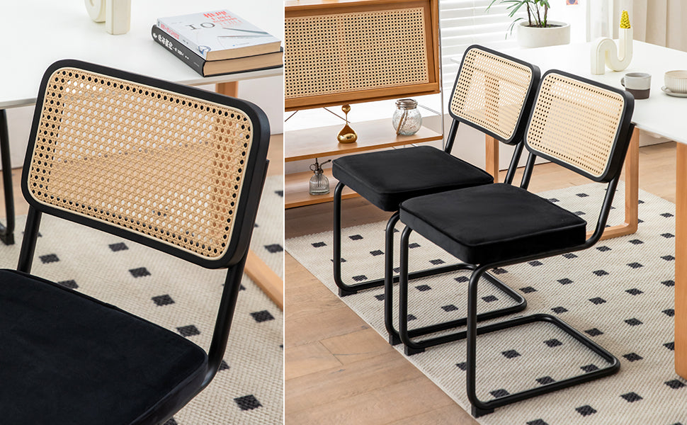 Velvet Rattan Dining Chairs Set of 2 with Black Frame