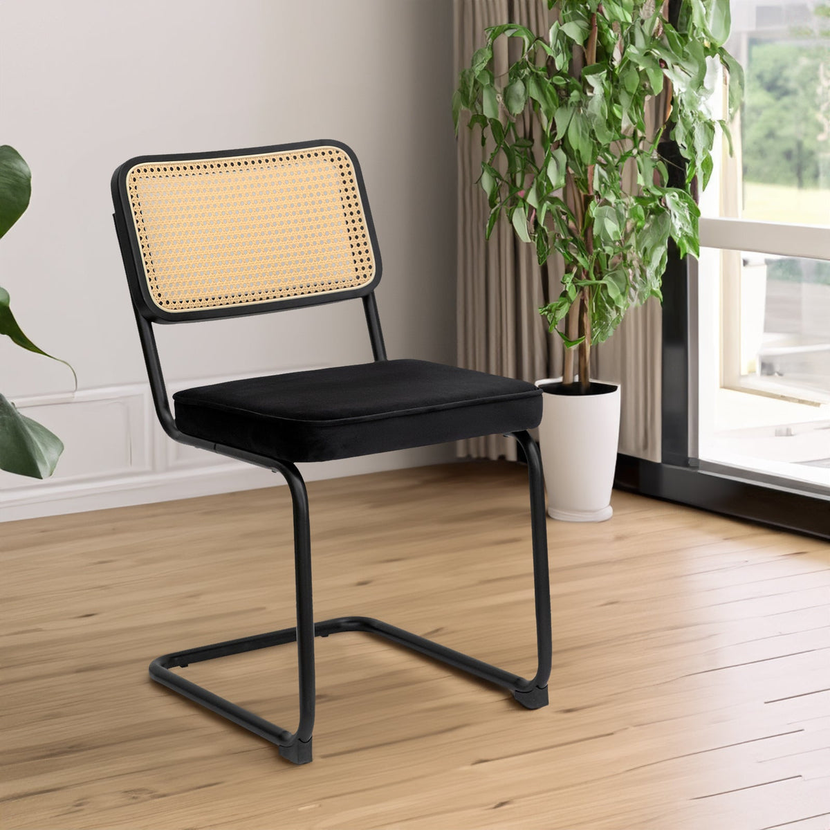 Velvet Rattan Dining Chairs Set of 2 with Black Frame