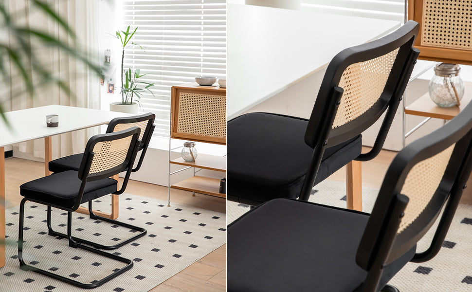 Velvet Rattan Dining Chairs Set of 2 with Black Frame