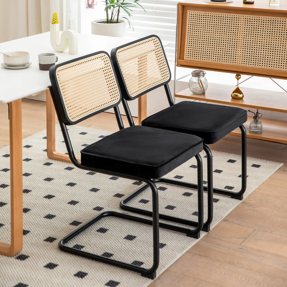 Velvet Rattan Dining Chairs Set of 2 with Black Frame