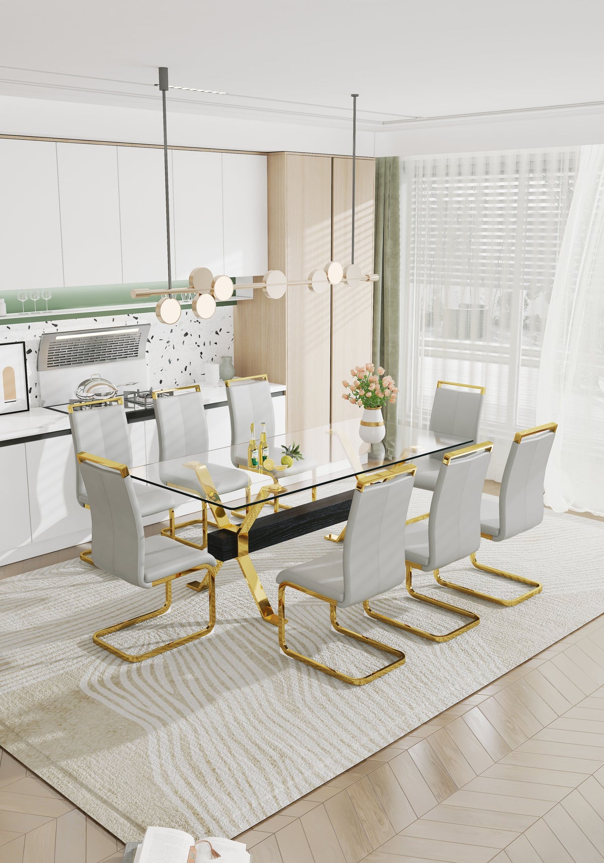 Modern Glass Dining Table with Gold X-Base for Large Rooms