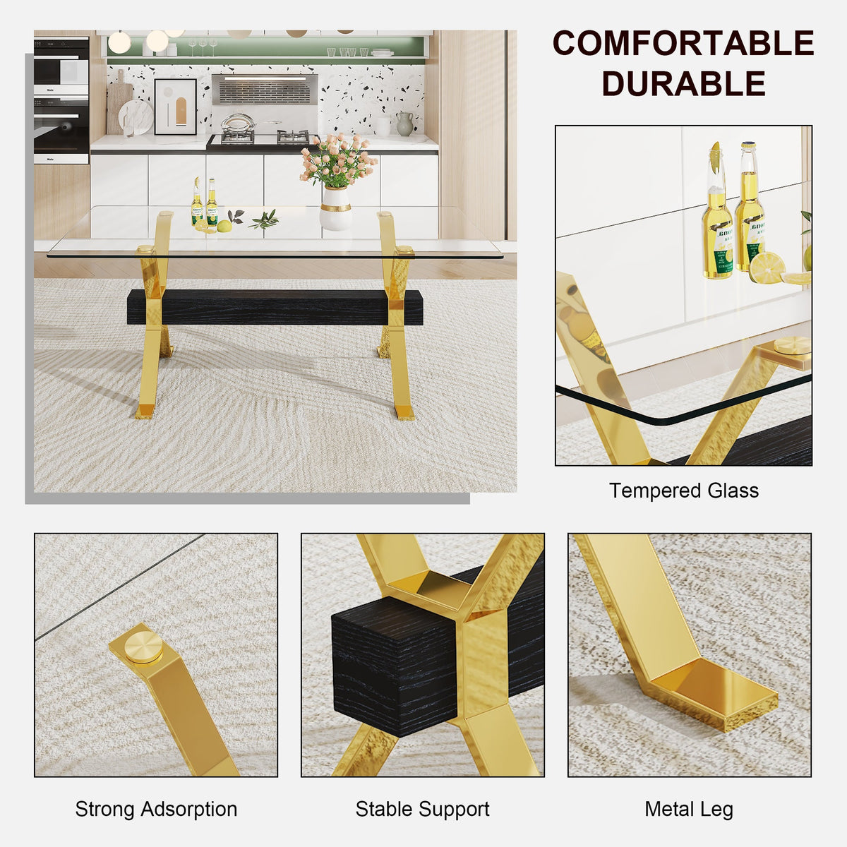 Modern Glass Dining Table with Gold X-Base for Large Rooms
