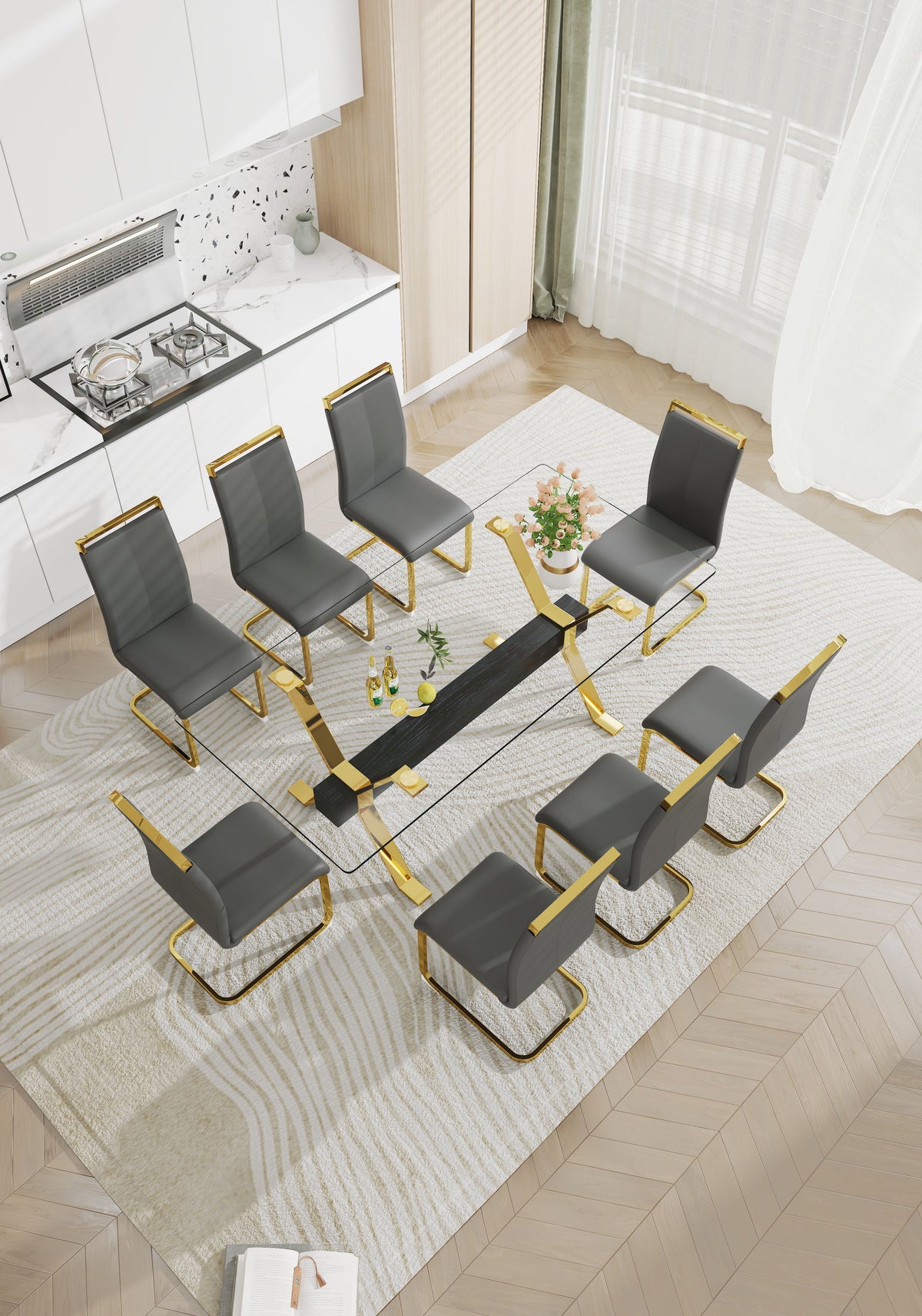 Modern Glass Dining Table with Gold X-Base for Large Rooms