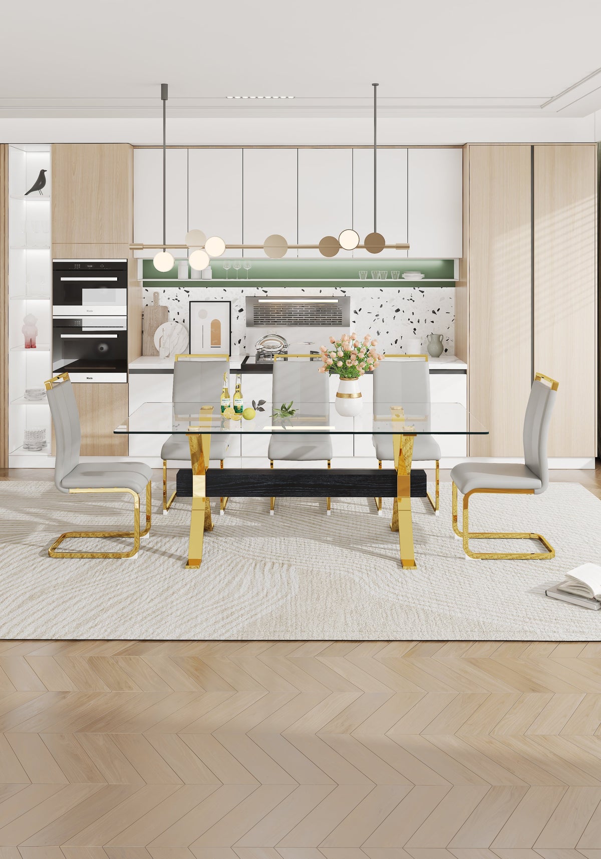 Modern Glass Dining Table with Gold X-Base for Large Rooms