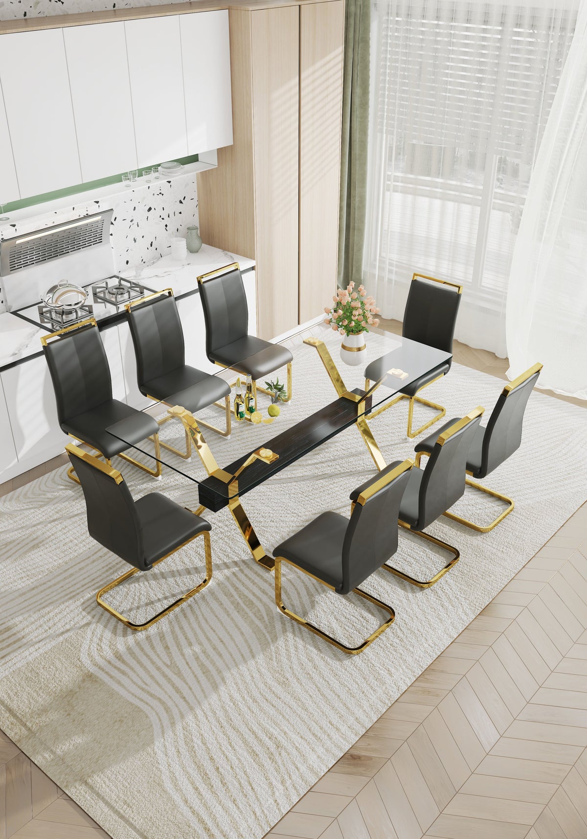 Modern Glass Dining Table with Gold X-Base for Large Rooms