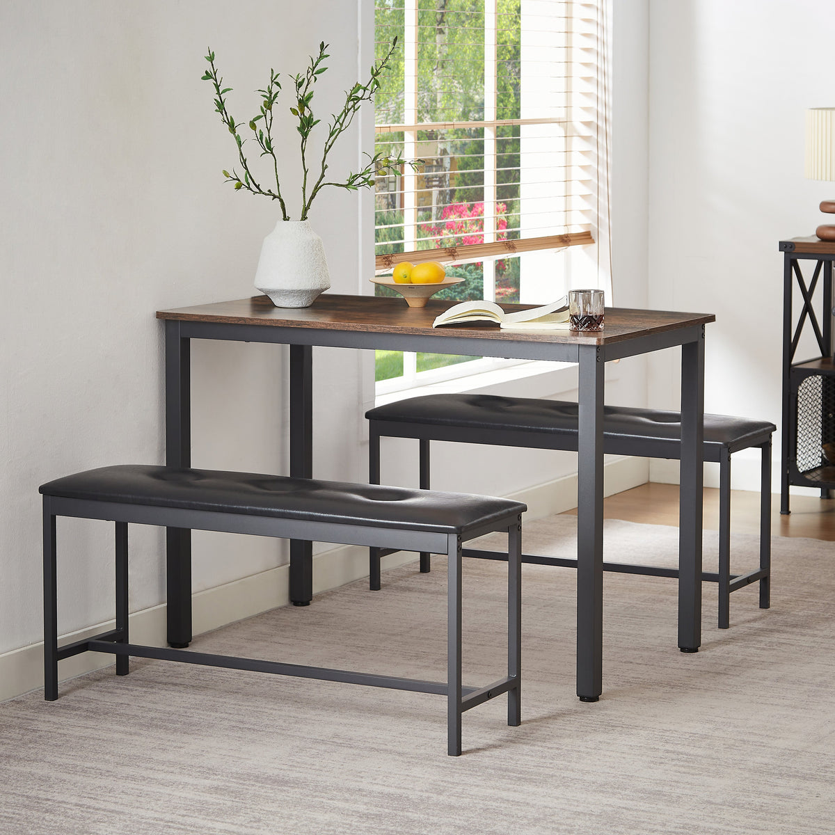 Industrial Dining Table Set with Tuck-Under Benches
