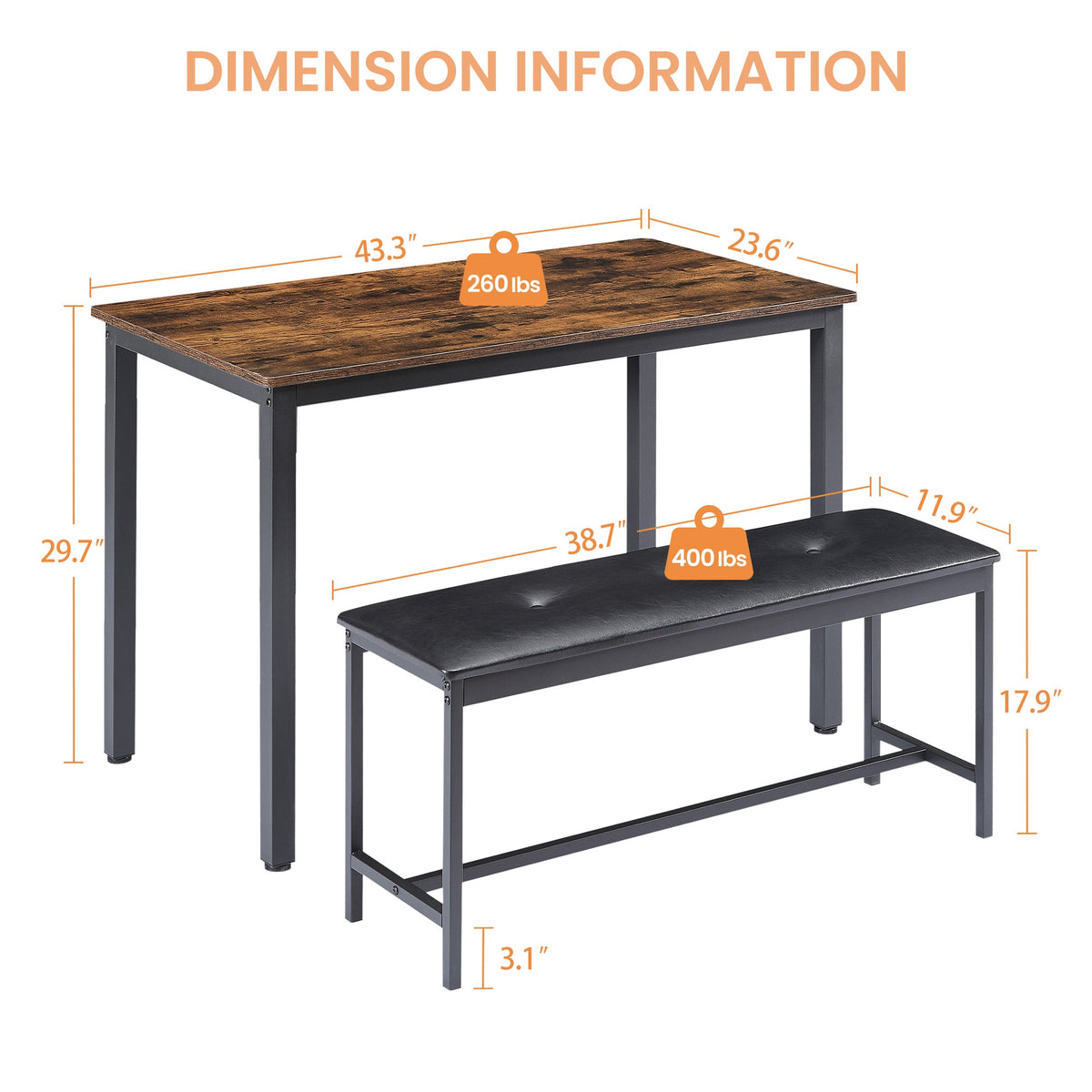 Industrial Dining Table Set with Tuck-Under Benches