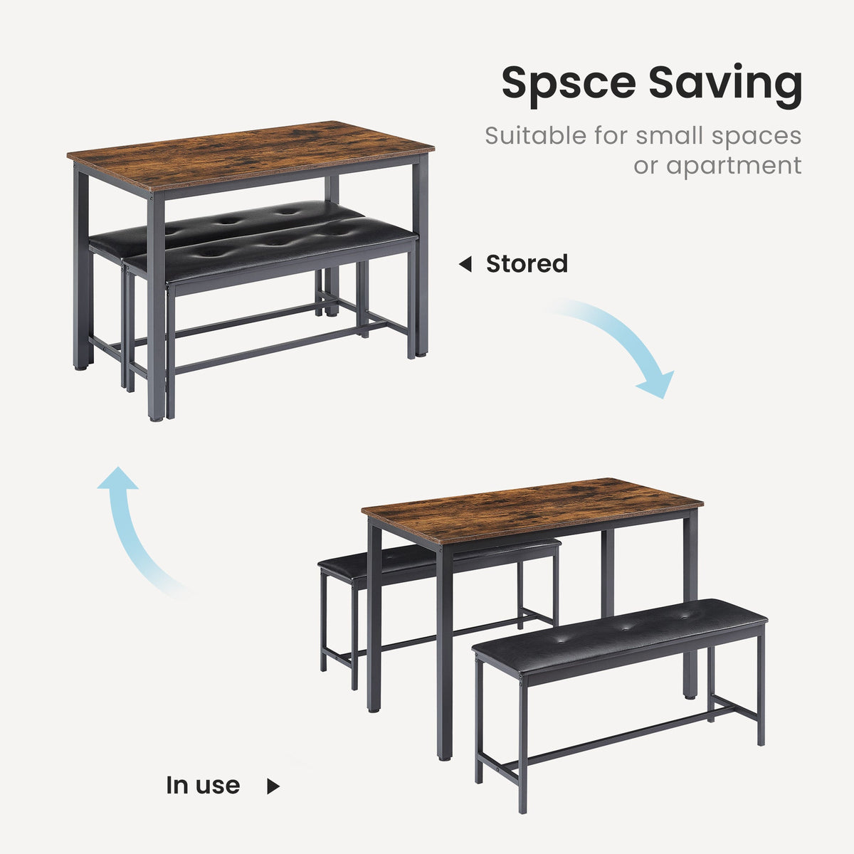 Industrial Dining Table Set with Tuck-Under Benches
