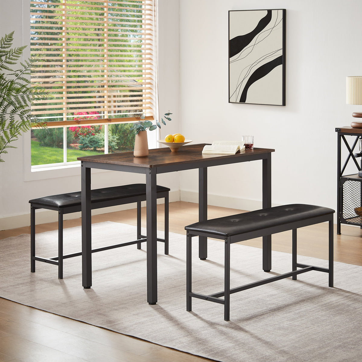 Industrial Dining Table Set with Tuck-Under Benches