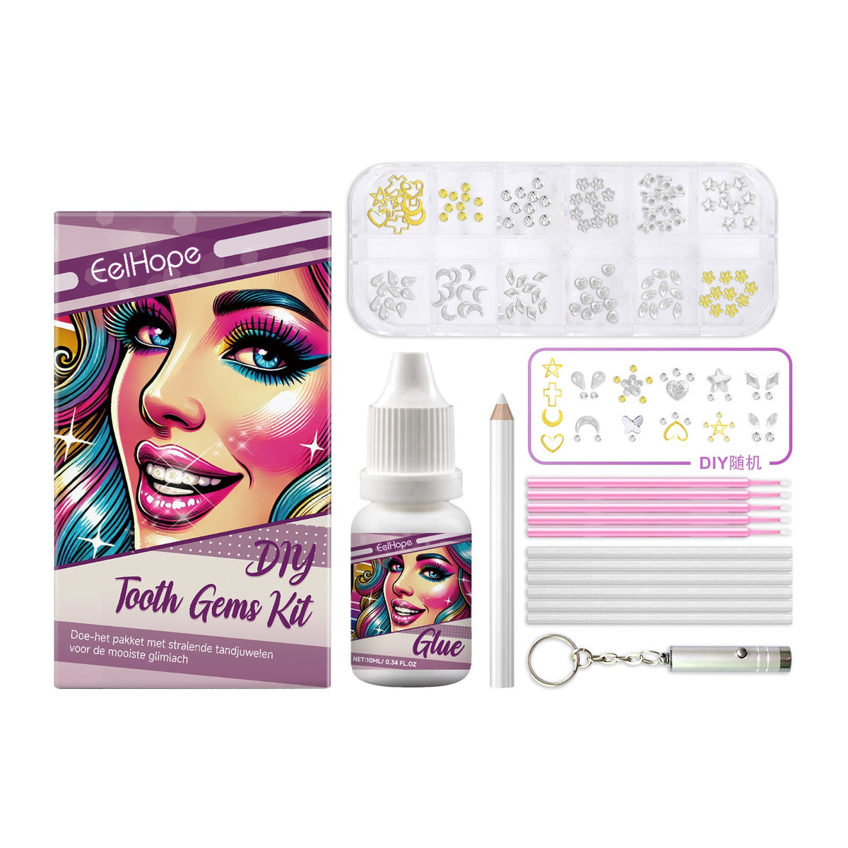 DIY Tooth Gems Kit: 120 Gems, Glue and UV Lamp Included