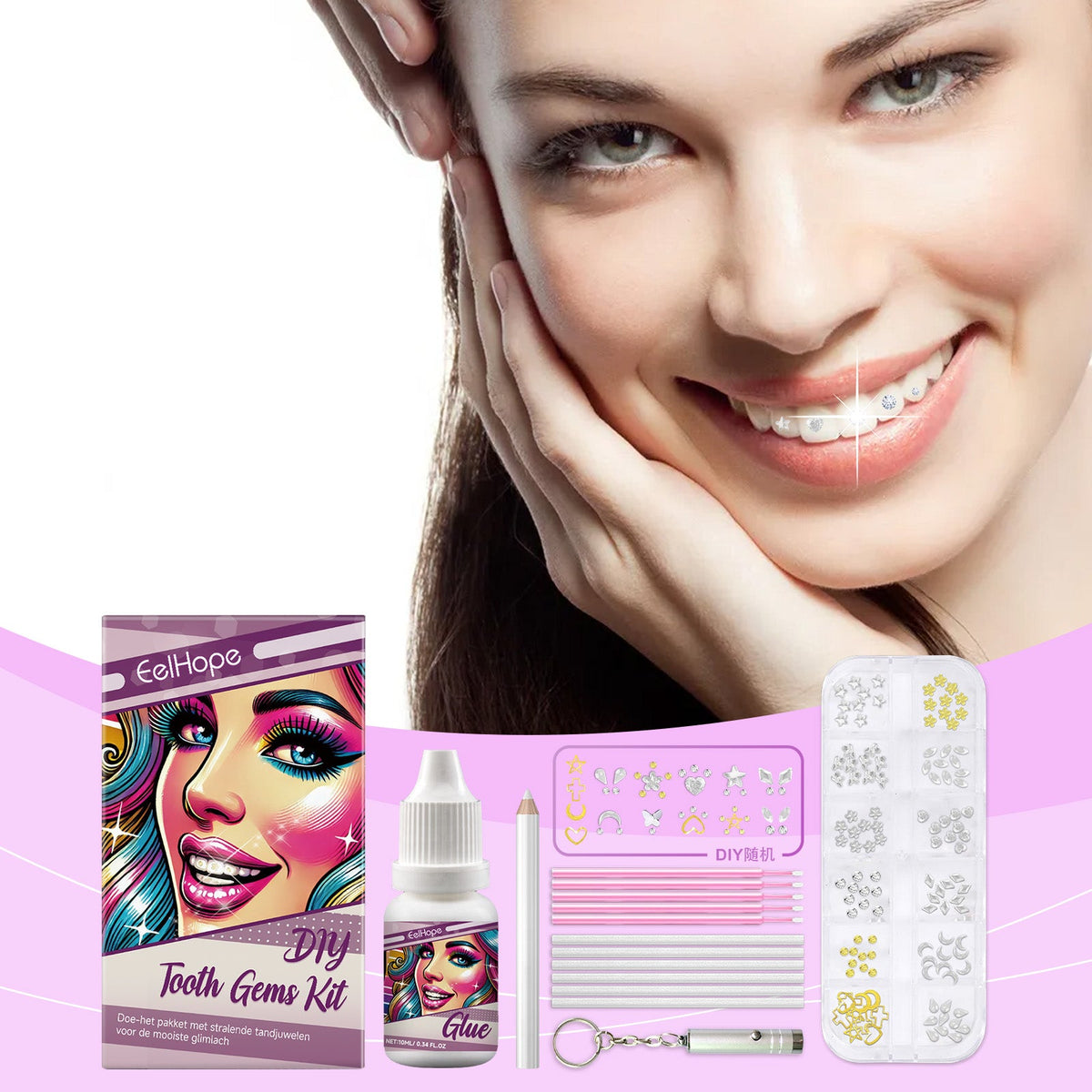 DIY Tooth Gems Kit: 120 Gems, Glue and UV Lamp Included