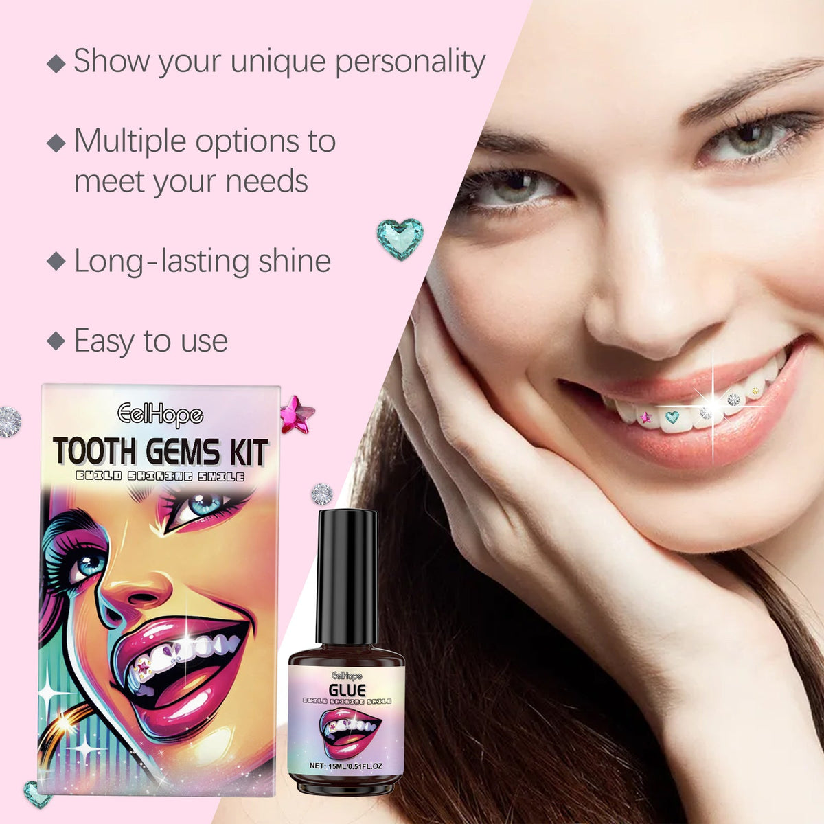 DIY Tooth Gem Kit at Home: 120 Gems, Glue & UV Lamp