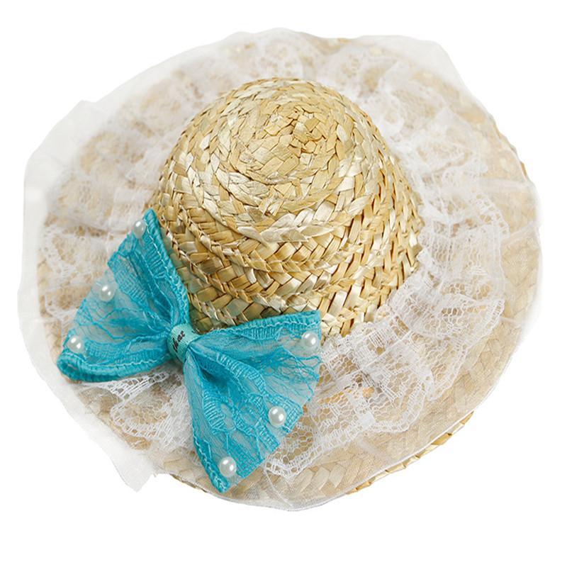 Dog Straw Sun Hat with Striped Bow for Summer Walks