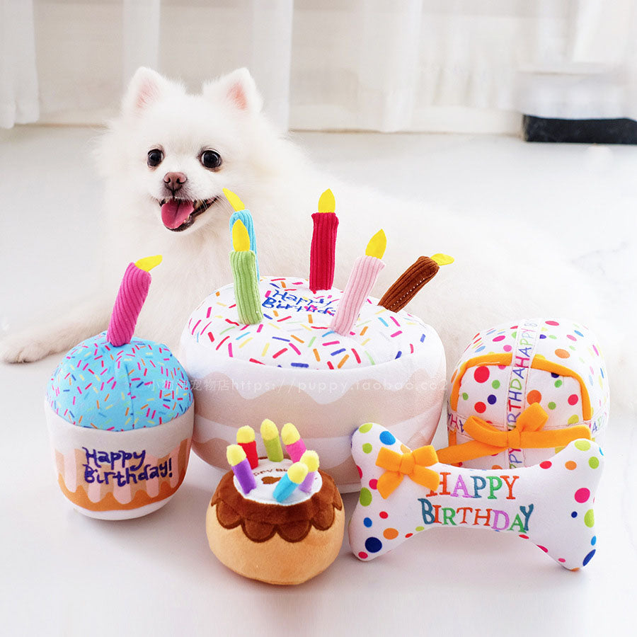 Dog Birthday Cake Toy Set – 5-Piece Squeaky Plush