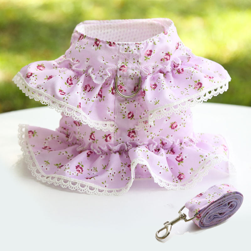 Floral Pet Harness Dress With Matching Leash Set for Walks