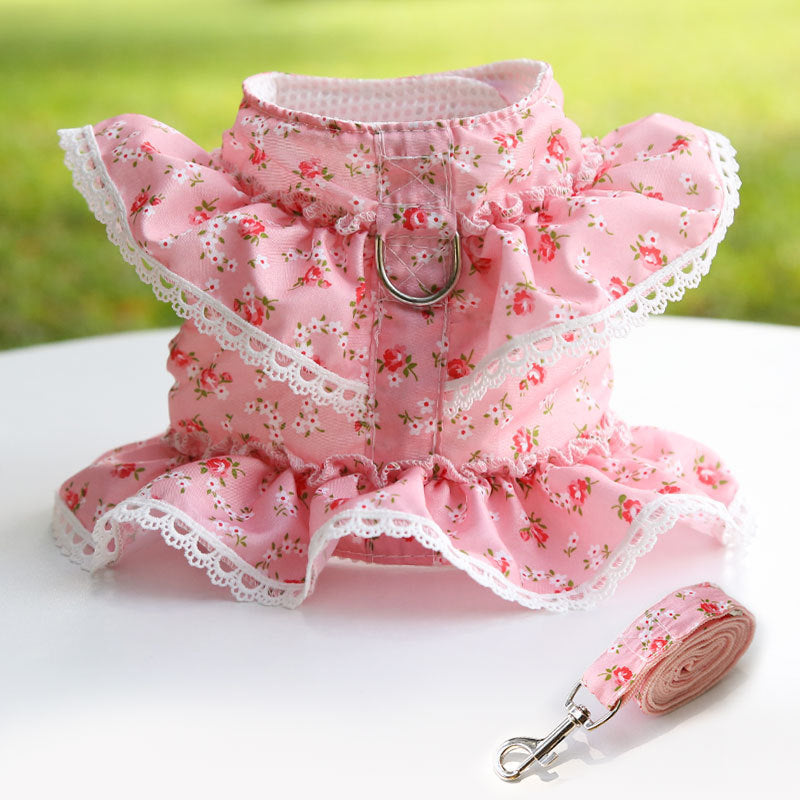 Floral Pet Harness Dress With Matching Leash Set for Walks
