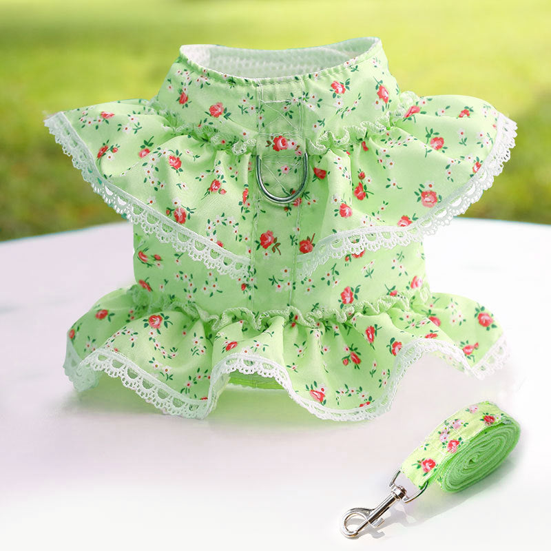 Floral Pet Harness Dress With Matching Leash Set for Walks