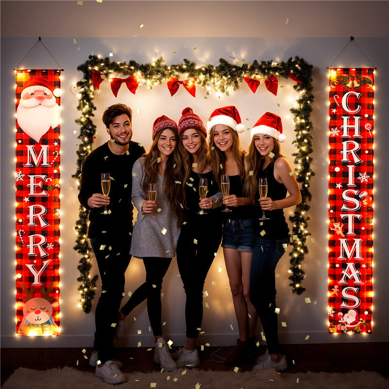 Christmas Door Hanging Banner With Warm LED Lights Decor