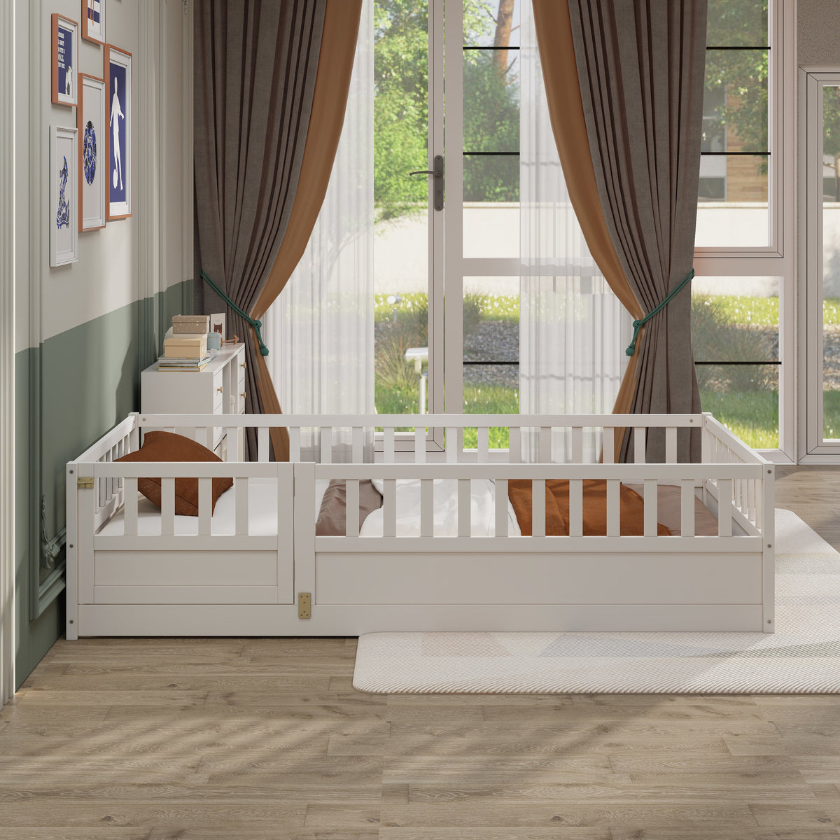 Montessori Double Floor Bed with Safety Rail for Kids