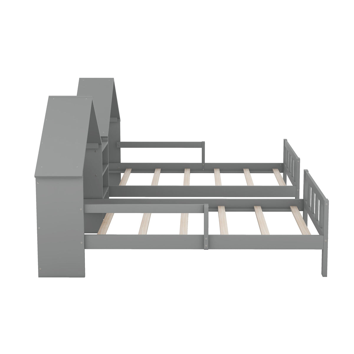 Double Twin Kids Bed with House Headboards and Shelf