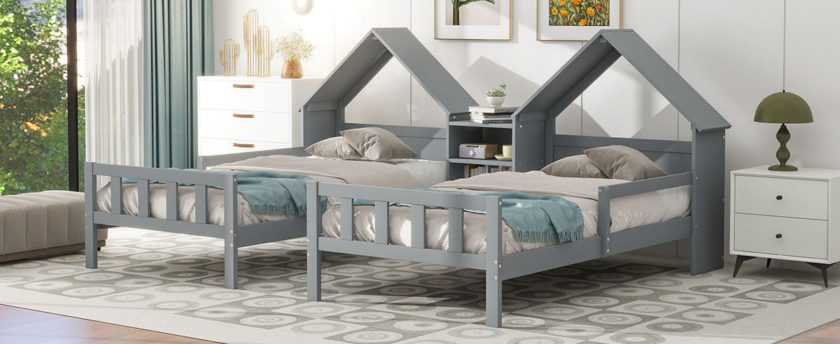 Double Twin Kids Bed with House Headboards and Shelf