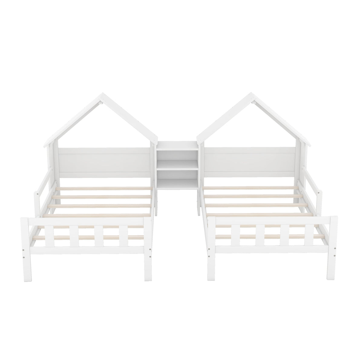 Kids Double Twin Bed Set with Built-in Nightstand, White