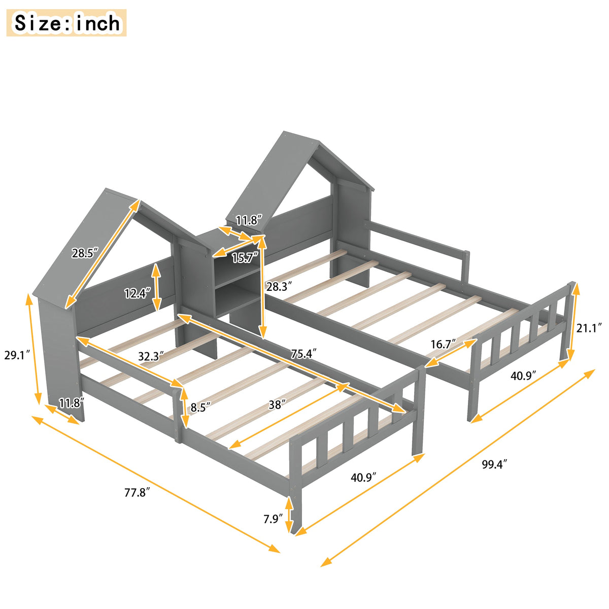 Double Twin Kids Bed with House Headboards and Shelf