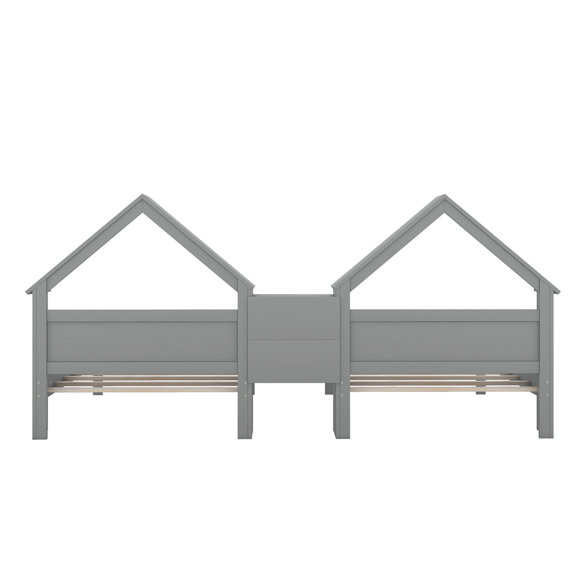 Double Twin Kids Bed with House Headboards and Shelf